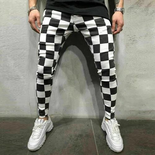 DE uomo a righe a quadri nero bianco pantaloni estivi slim tempo libero comodi pantaloni @ - Foto 10 di 15