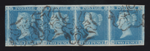 GB QV 1841 SG14 2d Blue Strip of 4 4 Margin Number 12 in Maltese Cross 12 in MX - Picture 1 of 4