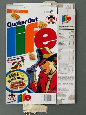 Quaker Life cereal box featuring Carmen Sandiego Game #1 from 1996