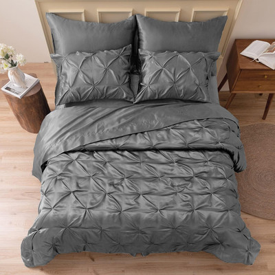 Satin Comforter California King 7 Pieces Dark Grey - Luxurious Pinch Pleat Beddi