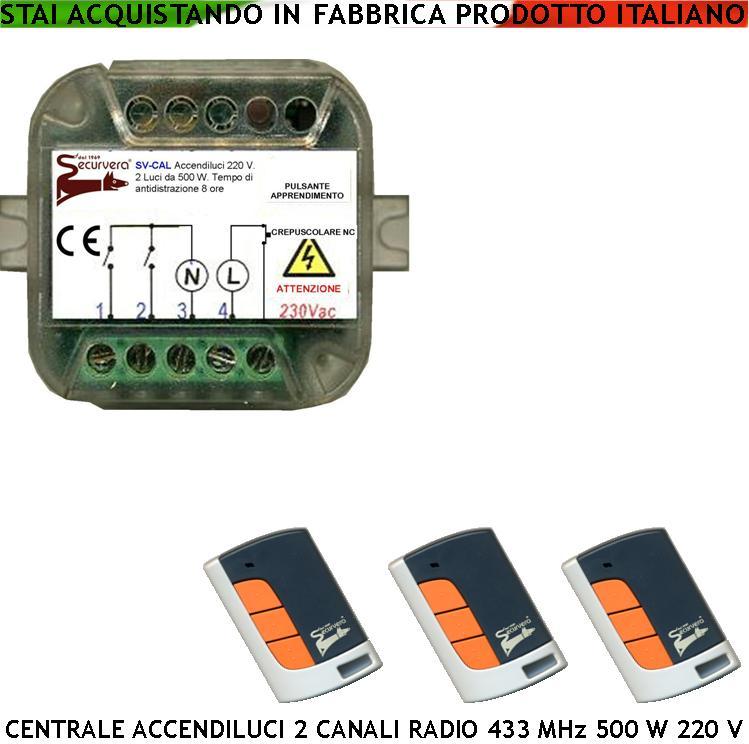 Kit Centralina Luci 220V 500W con 3 Radiocomandi e Sensore Crepuscolare
