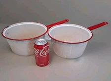 Vintage Set of Red White Enamelware Sauce Pans Large Granite Pan Set Red Handle