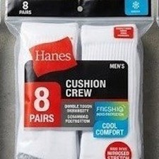 Hanes Mens Cushion Crew Socks 8 Pack White Grey Heel Toe Size 6-12 NIP New