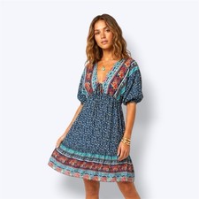 Anna-Kaci A-Line Dress Multicolor Floral V-Neck Puff Sleeve Knee Length L