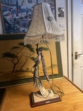 Beautiful Vintage Florence Table Lamp Lady Peacock Shade On Wooden Base Working