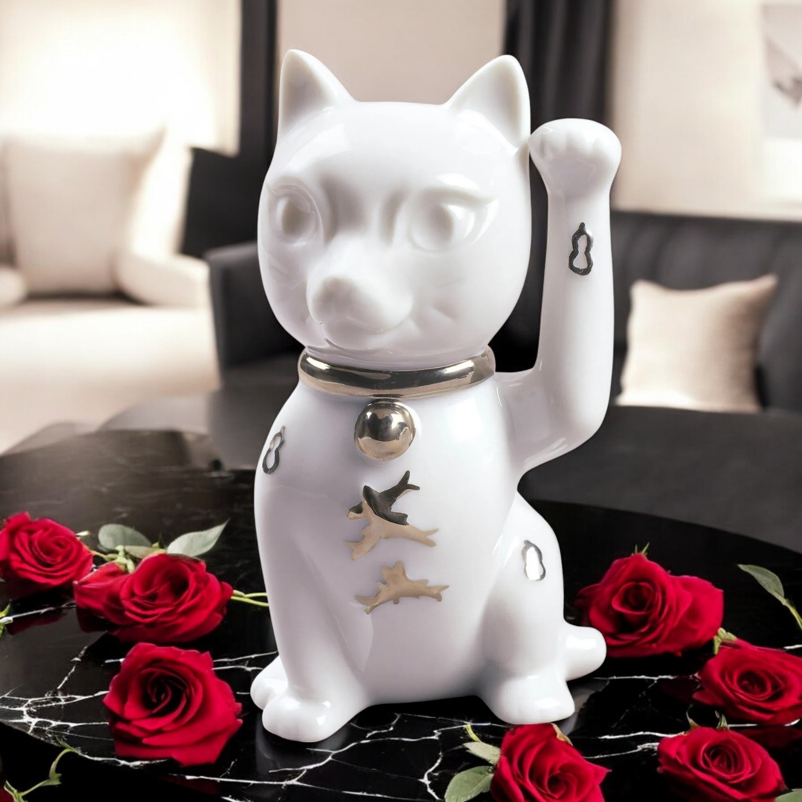 Lladro Silver Lustre Maneki Neko Figurine #9283 Good Luck Cat