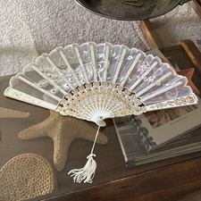 Vintage Plastic Hand Fan White With Floral  Peacock Lace 9.5  X 16  