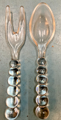 Vintage Glass Midcentury Modern Art Deco Salad Tosser Utensils- fork and spoon
