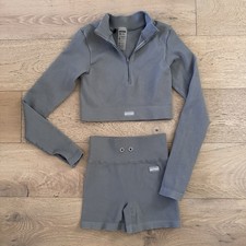Bo  Tee Shorts and Half Zip Crop Top Matching Set Gray Small/Med Gym Athletic