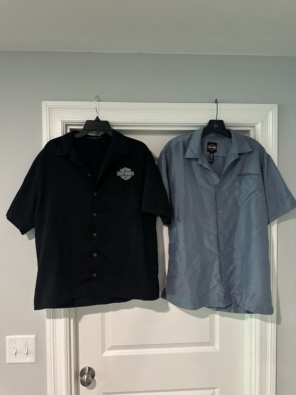 PAIR of Harley Davidson Black/BlueShort Sleeve Button Down Shirts, Size M, Clean