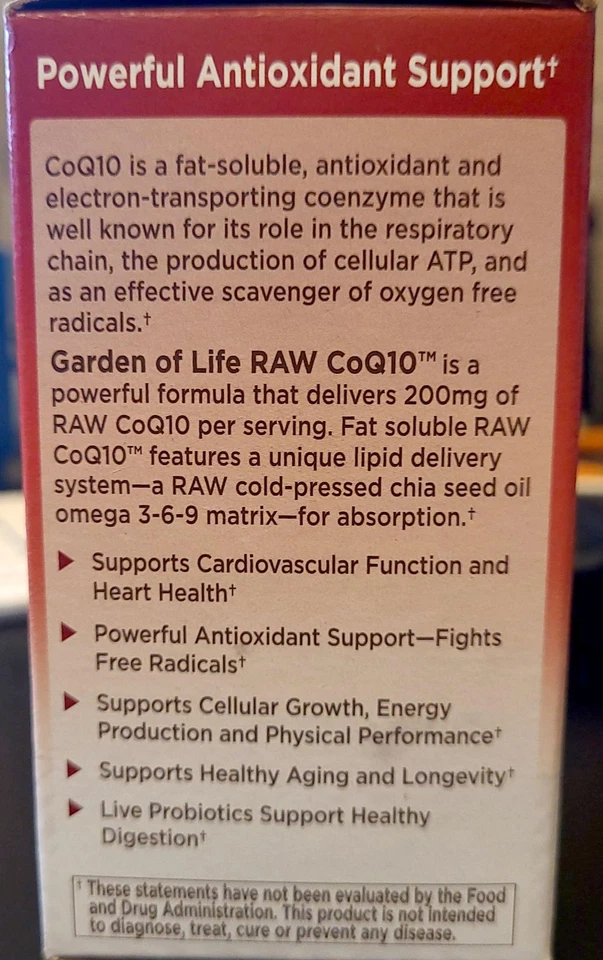 Garden of Life RAW CoQ10 - 200 mg - 60 cápsulas veganas - CADUCIDAD 27/05 - NUEVO Foto 2 de 4