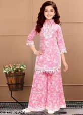 Girls Kurti  Sharara With Dupatta Set Kids Wear Ethnic Pink Colour Dress