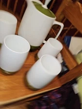 Vintage Avocado Thermos Insulated Ware Green White Pitcher 4 Cups Set Drink MCM 