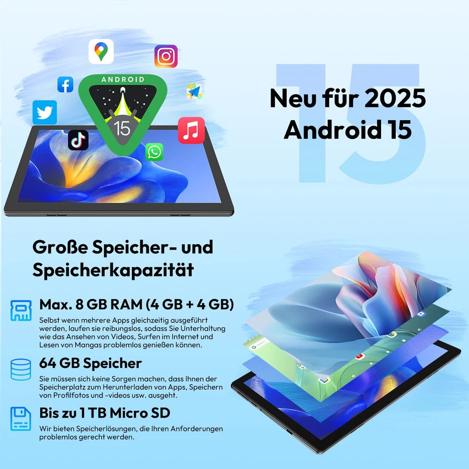WIFI Tablet 10.1 Zoll Android 15 mit 8GB RAM 64GB ROM Bluetooth Dual Camera IPS - Bild 3 von 4