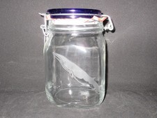 NEW ETCHED MINKE WHALE GLASS MASON COOKIE STORAGE JAR CANISTER COBALT BLUE TOP
