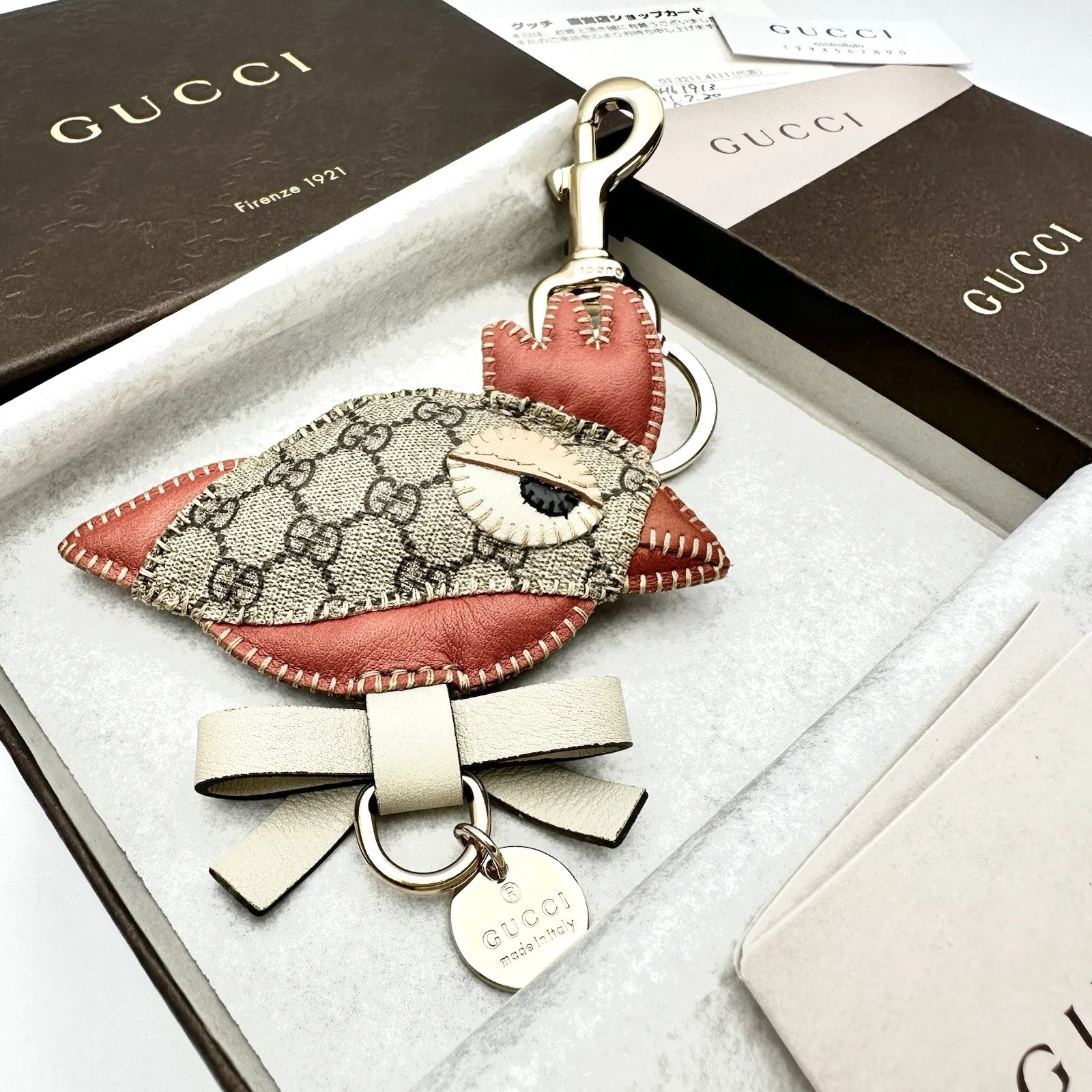 Porte clés GUCCI Papagallo perroquet chaîne sac breloque GG cuir suprême inutilisé
