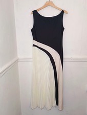 Womens Dress Black Size L UK 10 12 White Pleated Midi Occasion Evening Event