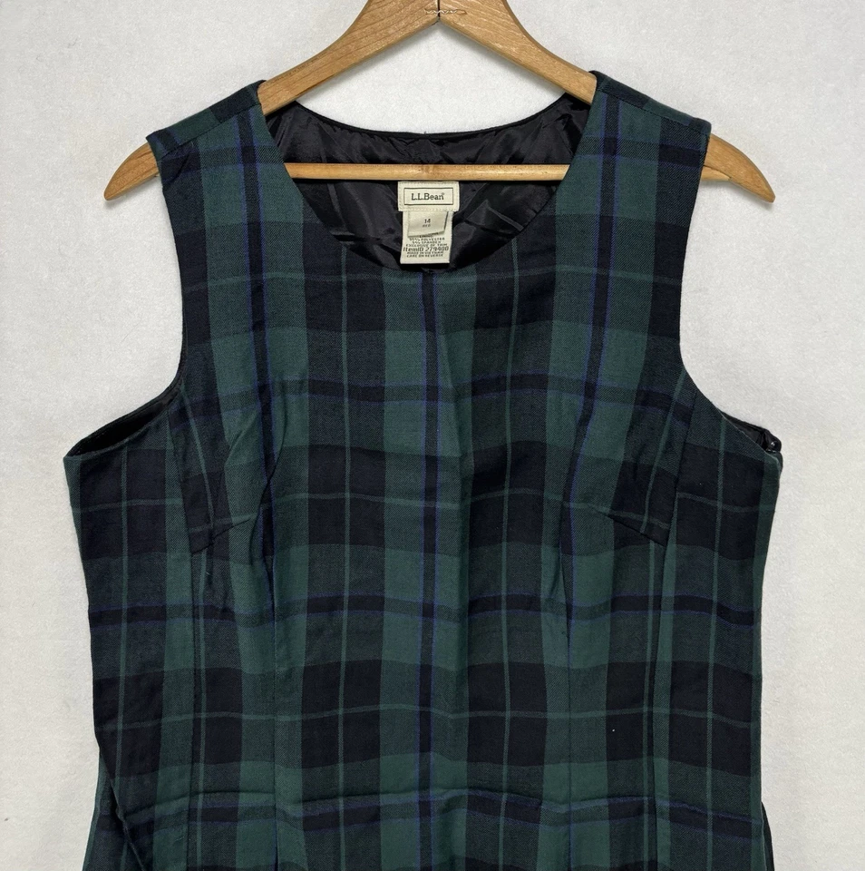 Vestido de lana LL Bean a cuadros sin mangas tartán forrado a cuadros talla 14 verde regular azul Foto 2 de 4