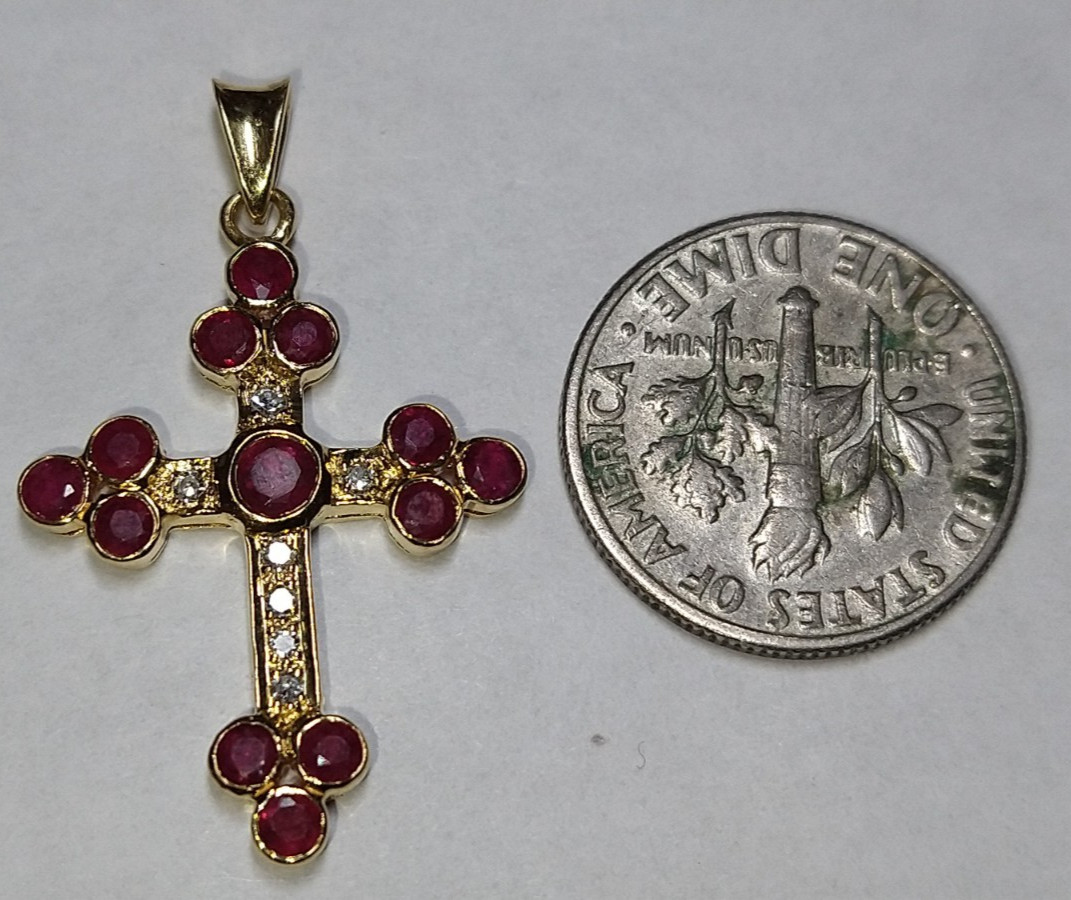 Solid 18k gold natural ruby diamond cross pendant… - image 8