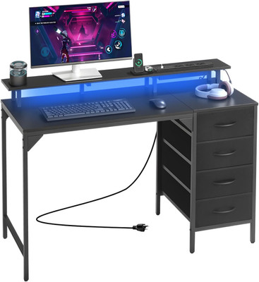 47'' LED Computer Desk with Power Outlets & Drawers for Gaming & Office Use