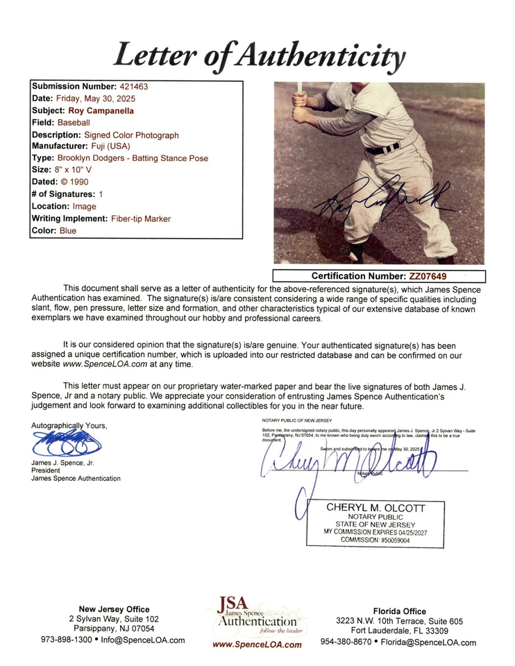 Foto autografada assinada por Roy Campanella Dodgers 8x10 (JSA LOA #ZZ07649) - Imagem 2 de 2