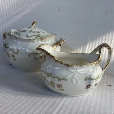 Syracuse China Vitreous O.P.Co Creamer & Covered Sugar Set Green Scroll Floral 