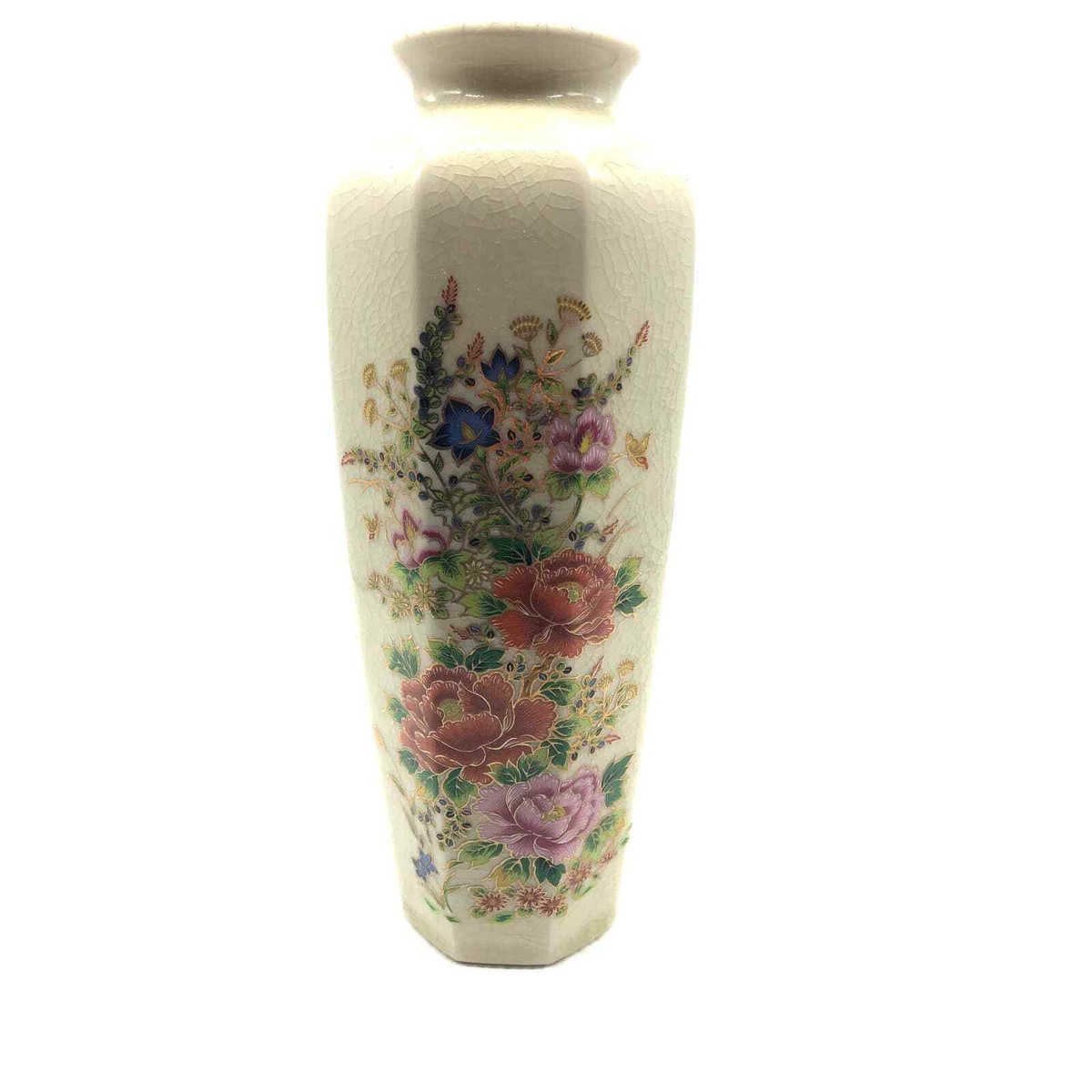★JAPANESE MODERN VINTAGE FLOWER VASE ★ Gorgeous Vintage Large Japanese Floral Vase Octagon Gold Detailing