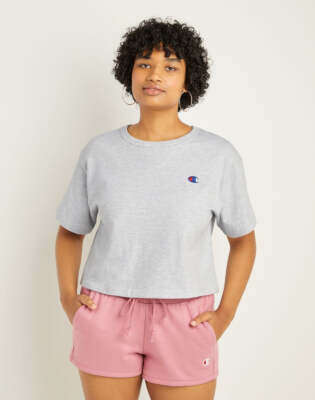 Champion Womens Heritage Cropped T-Shirt C Logo Silver Grey WL956