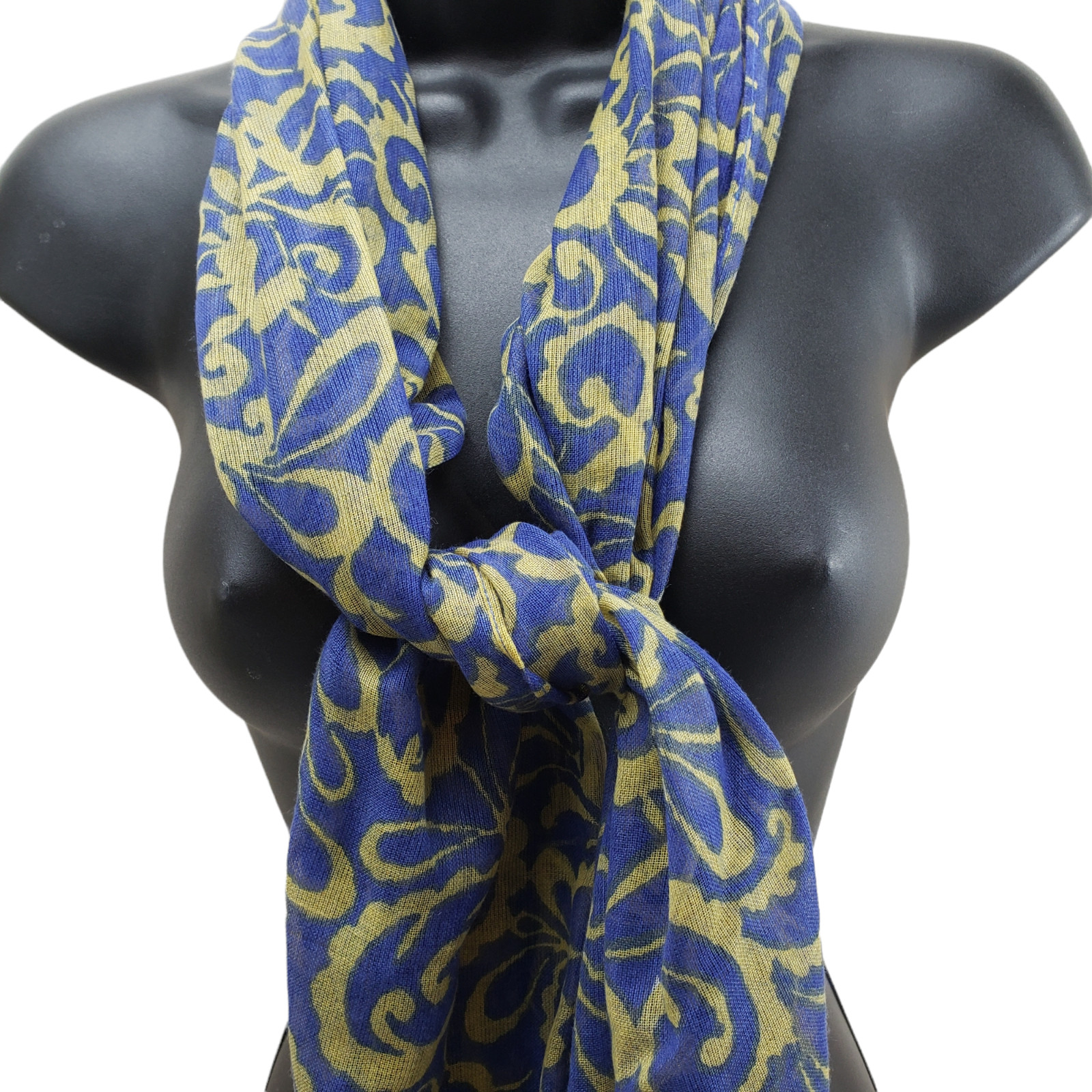 Women's Scarf Blue Gold Floral Soft Sheer Fringe 22/7… Gem