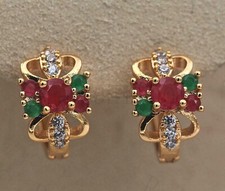 Pretty New 18K Yellow Gold Filled Red  Green CZ Round Huggie Hoop Earrings