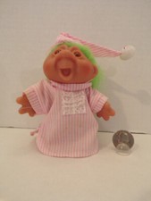 Russ Troll Doll 4" Vintage Yawning Pink White Gown  Cap Green Hair Amber Eyes