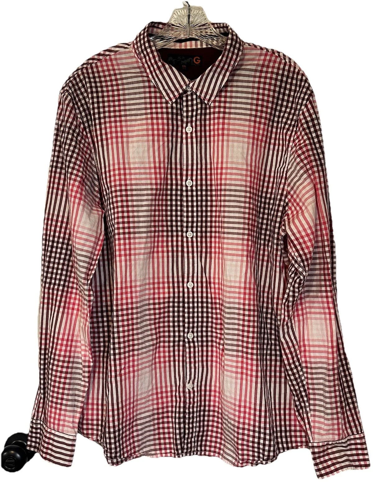 G By Guess Unisex Red Pink Long Sleeve Pocket Front Plaid Button Up Shirt XXL
