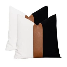 Set of 2 Black and White Modern Throw Pillow Cover Thick Faux Leather and Cot...
