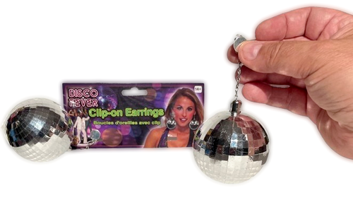 CLIP ON DISCO MIRROR BALL EARRINGS Jumbo 70’s Costume Silver Jewelry Christmas - Picture 2 of 16