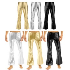 Men Metallic Disco Pants Bell Bottom Flared Long Pants Dude Costume Trousers