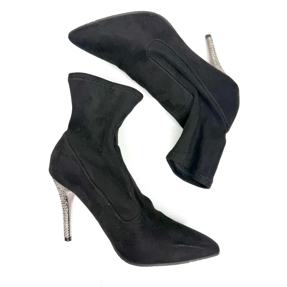 Nina Roxie Suede Rhinestone Crystal Stiletto Heel Pointed Ankle Boots 7 Black - Image 4 of 4