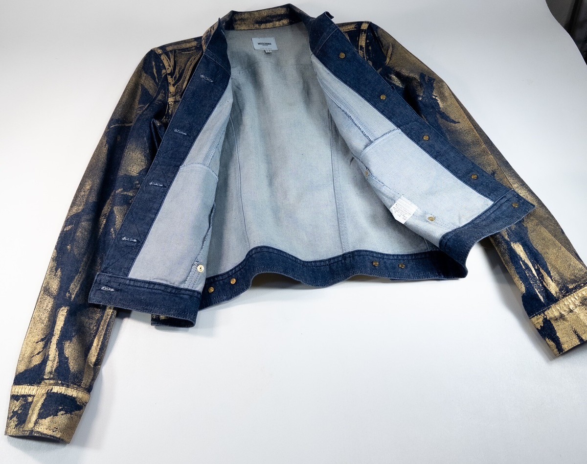 Vintage MOSCHINO 90s Gold Metallic Print Dark Wash Denim Jacket