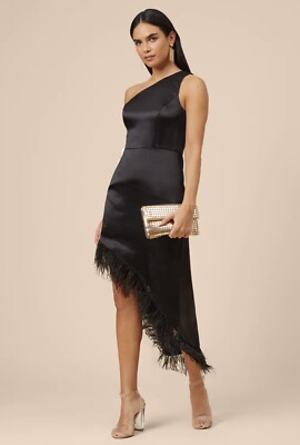 aidan mattox one shoulder dress Aidan Mattox ONE-SHOULDER SATIN Gown $295 FEATHER LBD sz 6M Oscar Prom BLACK