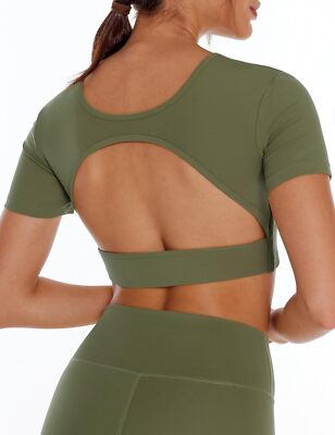 Open Back Workout Crop Tops for Women Backless Yoga Shirts Gym Short with Bra