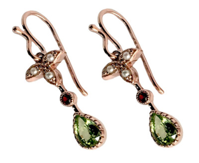 E152 Genuine 9K Rose Gold Natural Peridot Garnet Pearl Victorian style Earrings 