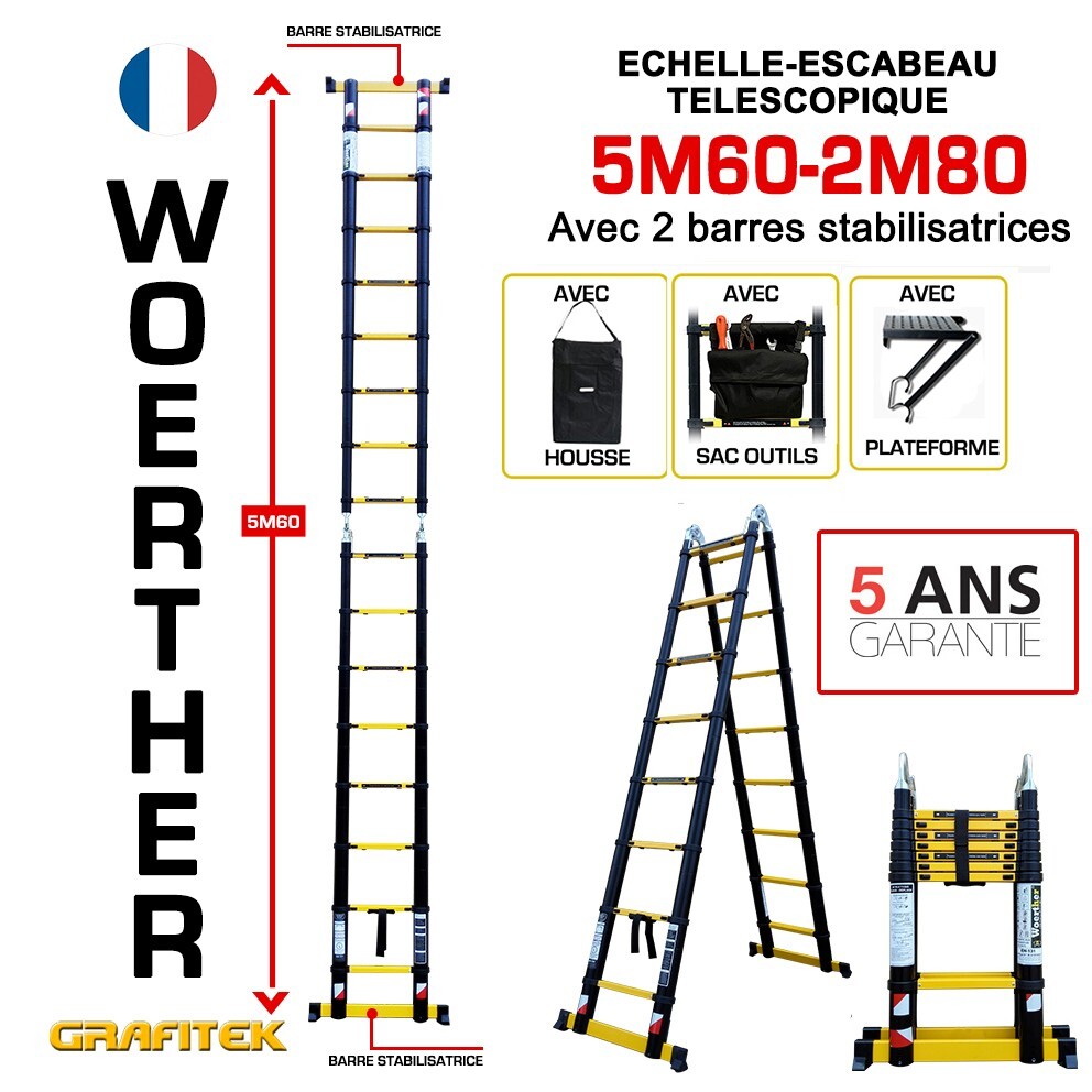 Escabeau télescopique 2.8m transformable en échelle 5.6m ultra stable