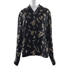 Liz Claiborne VTG 90s Black Cream Printed Button Front Silk Shirt Womens Small