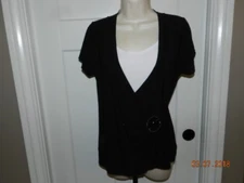 Women's short SLEEVE LAYERED White & BLACK BLOUSE TOP NOTATIONS S 