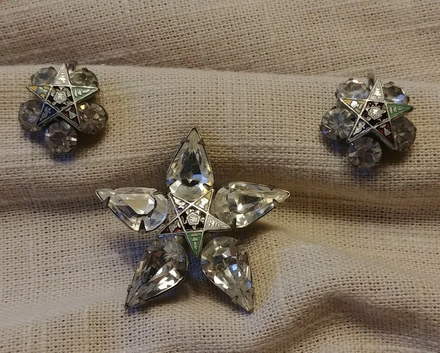 Vintage Eastern Star Earrings and Pin Rhinestone and Enamel
