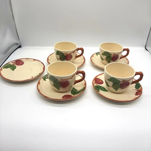 Vtg FRANCISCAN Earthenware APPLE Flat Cup & Saucer Set of 4 (USA) 1955