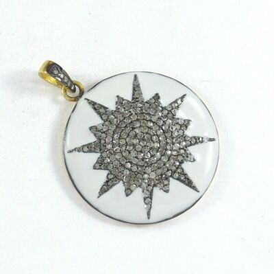 Pave Diamond White Enamel Rising Sun Pendant 925 Silver Antique Jewelry