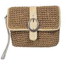 Bolso sin asas Brighton Muñequera Tejido Rafia Paja Crema Charol Borde Pequeño