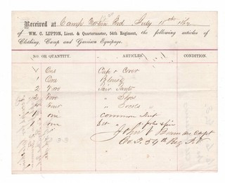 CIVIL WAR DOCUMENT 54th Indiana Vols Supplies at Camp Morton Indianapolis
