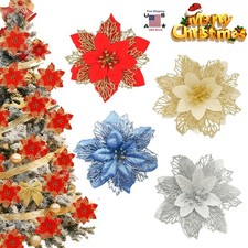 10PCS Christmas Poinsettia Glitter Artificial Flowers Xmas Tree Party Decor US