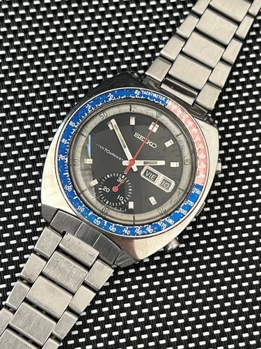 SEIKO 6139-6002 Automatic Chronograph POGUE  Black Dial Watch Men's Vintage